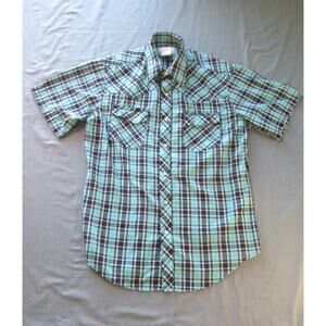 Wrangler Wrancher Western Pearl Snap Aqua/Black Plaid Short Sleeve Shirt Men's M